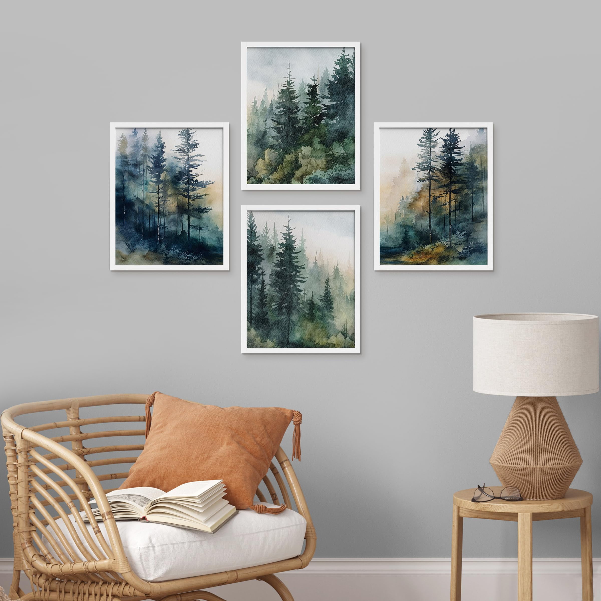 PixonSign Framed Wall Art Green & Teal Watercolor Forest Pine Trees ...
