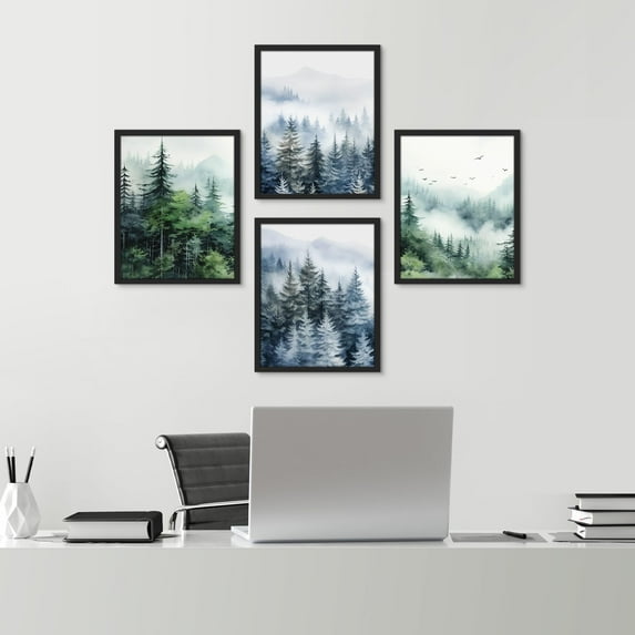 PixonSign Framed Wall Art Green & Teal Watercolor Forest Posters, Set of 4 Pastel Pine Trees Nature Wilderness Illustrations Wall Decor, Adhesive Canvas Prints for Home Decor - 12"x16" Black
