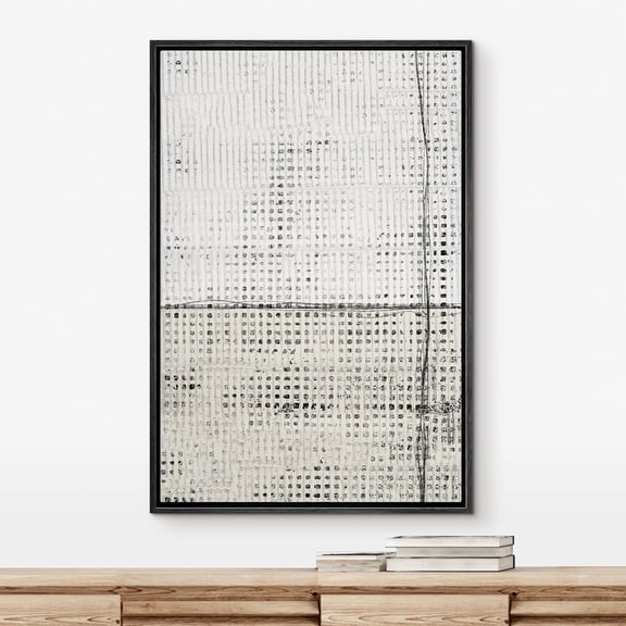 PixonSign Framed Wall Art Grunge White Tan Geometric Grid Pattern Abstract Paintings Minimalism Modern Art Decorative Contemporary Canvas Prints Fine Art for Rooms - 24"x36"x3 Black