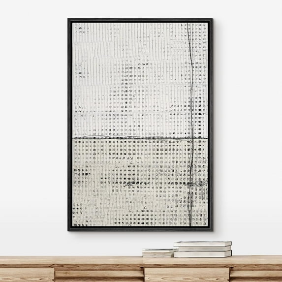 PixonSign Framed Wall Art Grunge White Tan Geometric Grid Pattern Abstract Paintings Minimalism Modern Art Decorative Contemporary Canvas Prints Fine Art for Rooms - 16"x24"x3 Black