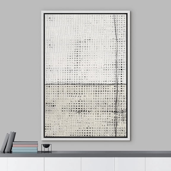 PixonSign Framed Wall Art Grunge White Tan Geometric Grid Pattern Abstract Paintings Minimalism Modern Art Decorative Contemporary Canvas Prints Fine Art for Rooms - 16"x24"x3 White