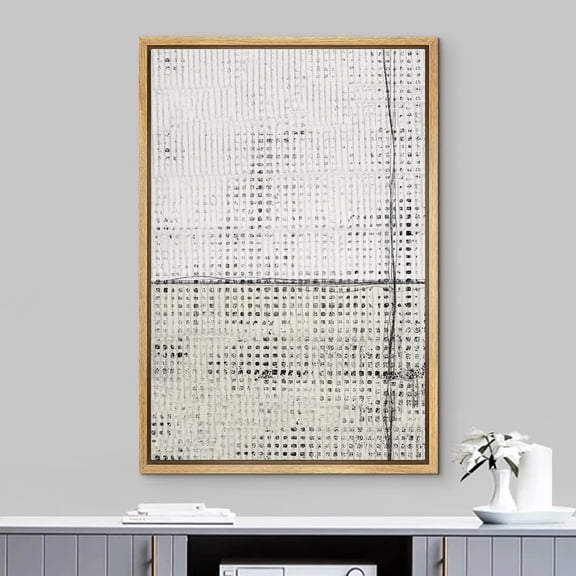 PixonSign Framed Wall Art Grunge White Tan Geometric Grid Pattern Abstract Paintings Minimalism Modern Art Decorative Contemporary Canvas Prints Fine Art for Rooms - 24"x36"x3 Natural