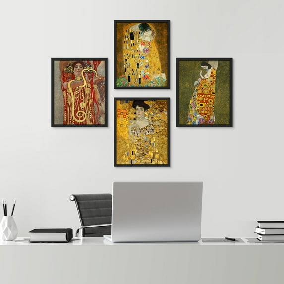 PixonSign Framed Wall Art Gustav Klimt The Kiss Golden Portraits Illustrations Posters, Set of 4 Vintage Humanities Fine Art Retro Canvas Prints for Home Decor - 11"x14" Black