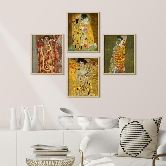 PixonSign Framed Wall Art Gustav Klimt The Kiss Golden Portraits Illustrations Posters, Set of 4 Vintage Humanities Fine Art Retro Canvas Prints for Home Decor - 11"x14" Natural