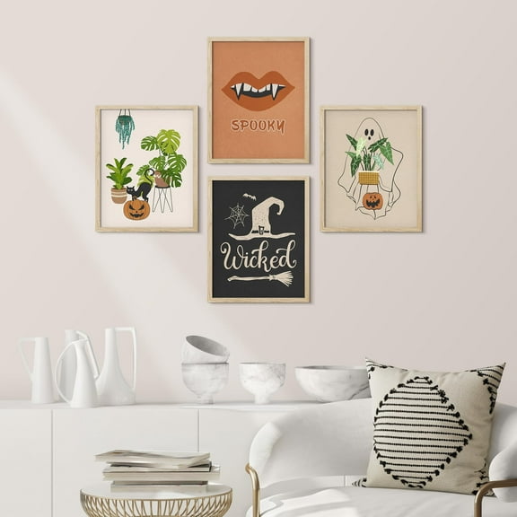 PixonSign Framed Wall Art Halloween Celebrations & Holidays Posters, Set of 4 Vampire Teeth, Witch Hat, Ghost Illustrations Wall Decor, Adhesive Canvas Prints for Home Decor - 11"x14" Natural