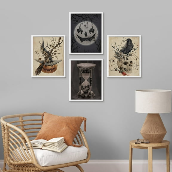 PixonSign Framed Wall Art Halloween Horro Dark Moody Posters, Set of 4 Skull, Skeleton, Crow, Pumpkin Head Illustrations Wall Decor, Adhesive Canvas Prints for Home Decor - 8"x10" White