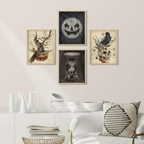 PixonSign Framed Wall Art Halloween Horro Dark Moody Posters, Set of 4 Skull, Skeleton, Crow, Pumpkin Head Illustrations Wall Decor, Adhesive Canvas Prints for Home Decor - 11"x14" Natural