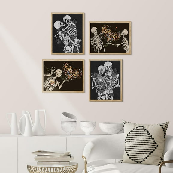 PixonSign Framed Wall Art Halloween Humor Dark Moody Posters, Set of 4 Skull Kiss With Heart-shaped Bouquet Illustrations Wall Decor, Adhesive Canvas Prints for Home Decor - 11"x14" Natural
