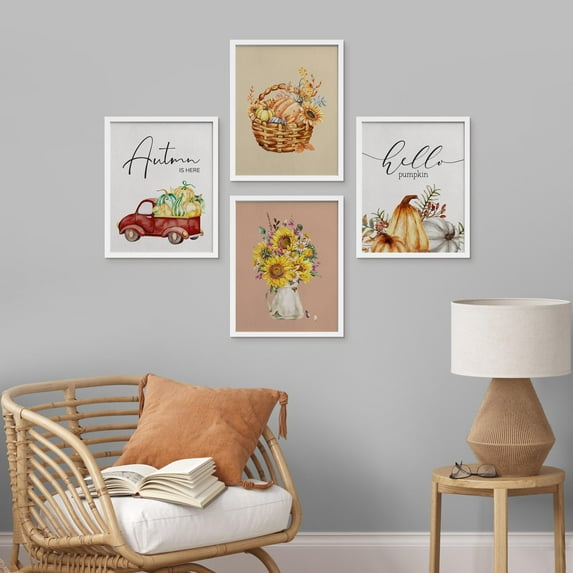 PixonSign Framed Wall Art Holidays Celebrations Posters, Set of 4 Autumn Pumpkin Harvest Sunflower Countryside Illustrations Wall Decor, Adhesive Canvas Prints for Home Decor - 8"x10" White