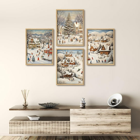 PixonSign Framed Wall Art Holidays Celebrations Posters, Set of 4 Vintage Winter Village Nostalgic Christmas Scenes Illustrations Wall Decor, Adhesive Canvas Prints for Home Decor - 8"x10" Natural