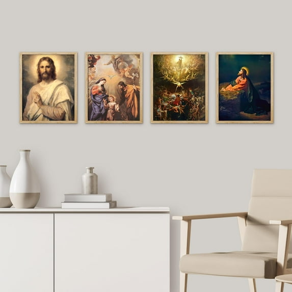 PixonSign Framed Wall Art Inspirational Christian Themed Illustrations Posters, Set of 4 Renaissance Fine Art Vintage Canvas Prints, Cozy Zen Wall Décor for Home Decor - 8"x10" Natural