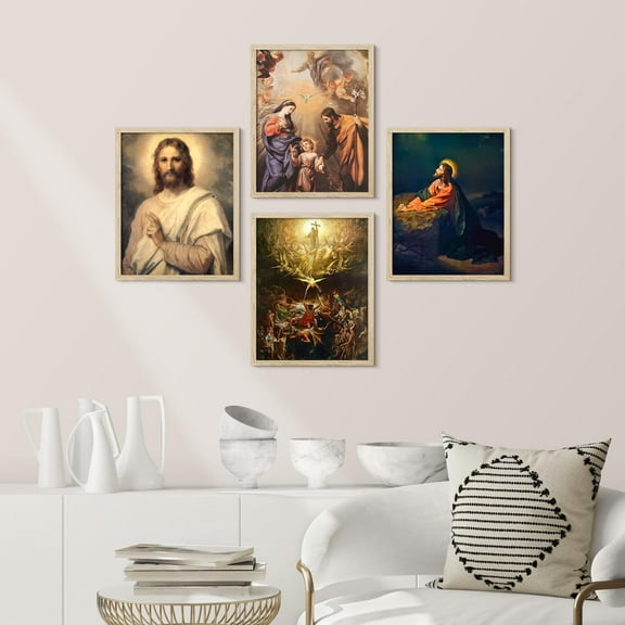 PixonSign Framed Wall Art Inspirational Christian Themed Illustrations Posters, Set of 4 Renaissance Fine Art Vintage Canvas Prints, Cozy Zen Wall Décor for Home Decor - 11"x14" Natural