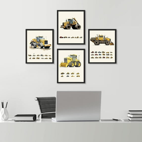 PixonSign Framed Wall Art, Kids Tractor Trailer Truck Collage Posters, Set of 4 Boy's Bedroom Illustration Wall Decor Prints, Medorm Fine Artwork, Contemporary Wall Décor - 11"x14" Black