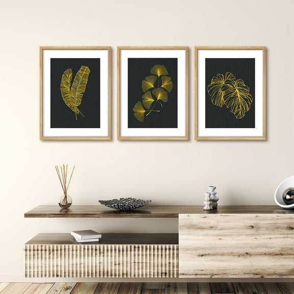 PixonSign Framed Wall Art Leaves Posters, Set of 3 Gold Line Botanical In Black Background Illustrations Minimalist Wall Decor, Flowers Adhesive Canvas Prints for Home Decor - 8"x10" Natural