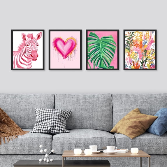 PixonSign Framed Wall Art Love and Wildlife Striped Zebra and Heart Illustrations Posters, Set of 4 Pink Preppy Room Digital Art Minimalism Colorful Canvas Prints for Home Decor - 8"x10" Black