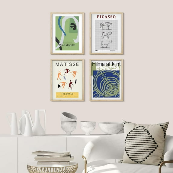 PixonSign Framed Wall Art Magritte & Picasso Exhibition Posters, Set of 4 Geometric Colorful Abstract Pattern Illustrations, Adhesive Canvas Prints Multicolor for Home Decor - 12"x16" Natural