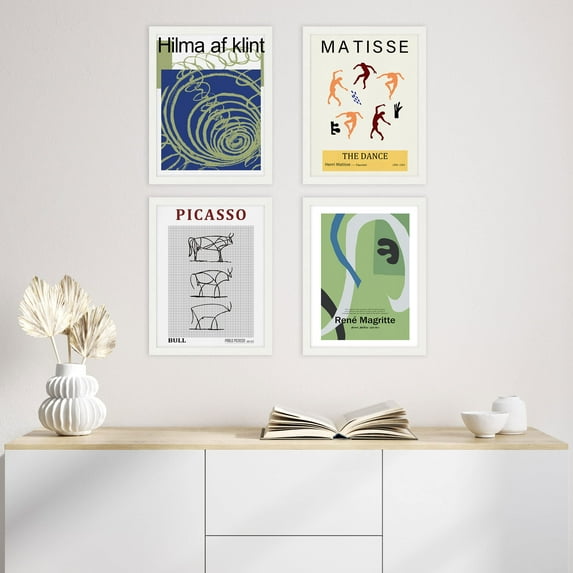 PixonSign Framed Wall Art Magritte & Picasso Exhibition Posters, Set of 4 Geometric Colorful Abstract Pattern Illustrations, Adhesive Canvas Prints Multicolor for Home Decor - 11"x14" White