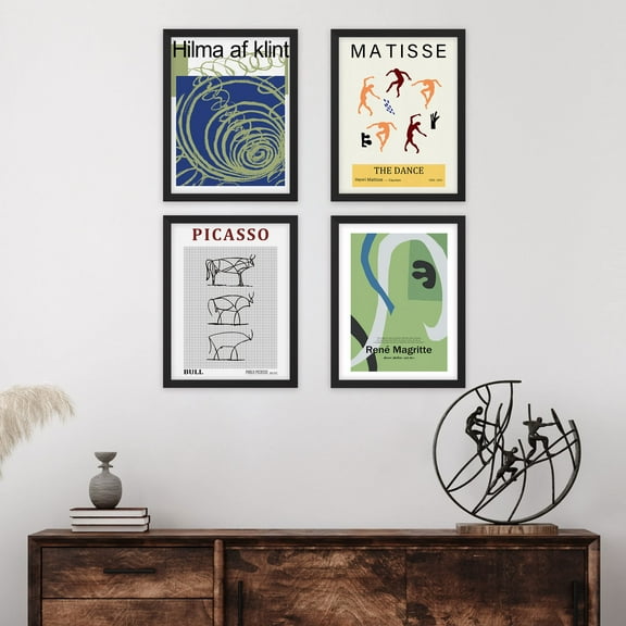PixonSign Framed Wall Art Magritte & Picasso Exhibition Posters, Set of 4 Geometric Colorful Abstract Pattern Illustrations, Adhesive Canvas Prints Multicolor for Home Decor - 8"x10" Black