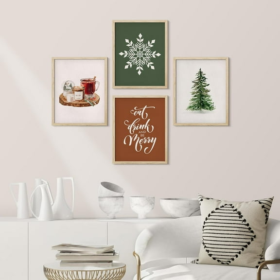 PixonSign Framed Wall Art Merry Christmas Pine Tree Snowflake Mulled, Set of 4 Cartoon Wall Decor Arts, Holiday Wall Décor, Adhesive Canvas Posters, Modern Home Artwork - 11"x14" Natural