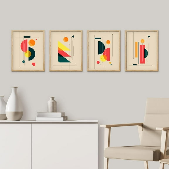 PixonSign Framed Wall Art, Mid-Century Abstract Shape Polygon Collage Artwork, Set of 4 Geometric Modern Prints Wall Decor, Contemporary Fine Wall Décor for Living Room, Bedroom - 8"x10" Natural