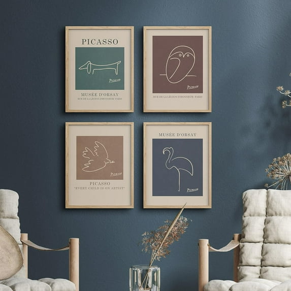 PixonSign Framed Wall Art Mid-Century Animals Sketch Variety Posters, Set of 4 Colorful Abstract Renaissance Canvas Prints, Rustic Cozy Zen Wall Décor for Home Decor - 11"x14" Natural