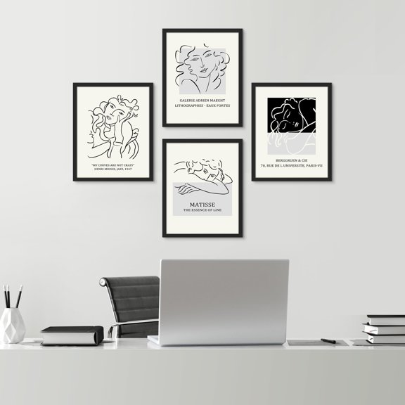 PixonSign Framed Wall Art Mid-Century Female Portrait Abstract Sketch Posters, Set of 4 Renaissance Illustrations, Black & White Adhesive Canvas Prints for Home Decor - 11"x14" Black