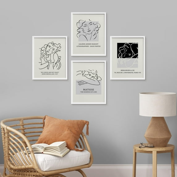 PixonSign Framed Wall Art Mid-Century Female Portrait Abstract Sketch Posters, Set of 4 Renaissance Illustrations, Black & White Adhesive Canvas Prints for Home Decor - 11"x14" White