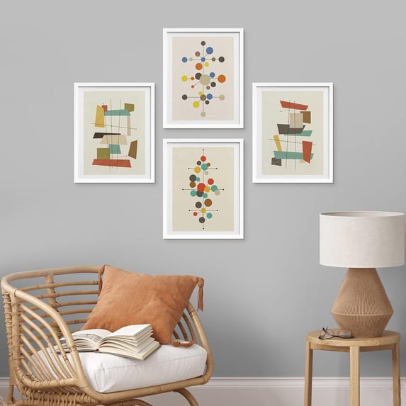 PixonSign Framed Wall Art, Mid-Century Modern 1960s Vintage Nordic Polygons Posters, Set of 4 Abstract Geometric Prints Colorful Wall Decor, Contemporary Wall Décor for Bedroom -11"x14" White