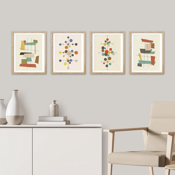 PixonSign Framed Wall Art, Mid-Century Modern 1960s Vintage Nordic Polygons Posters, Set of 4 Abstract Geometric Prints Colorful Wall Decor, Contemporary Wall Décor for Bedroom -12"x16" Natural