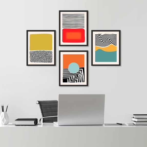 PixonSign Framed Wall Art, Mid-Century Modern 1980s Geometric Prints, Set of 4 Color Blocks Posters Wall Decor, Classic Contemporary Artwork Wall Décor for Living Room, Bedroom - 8"x10" Black
