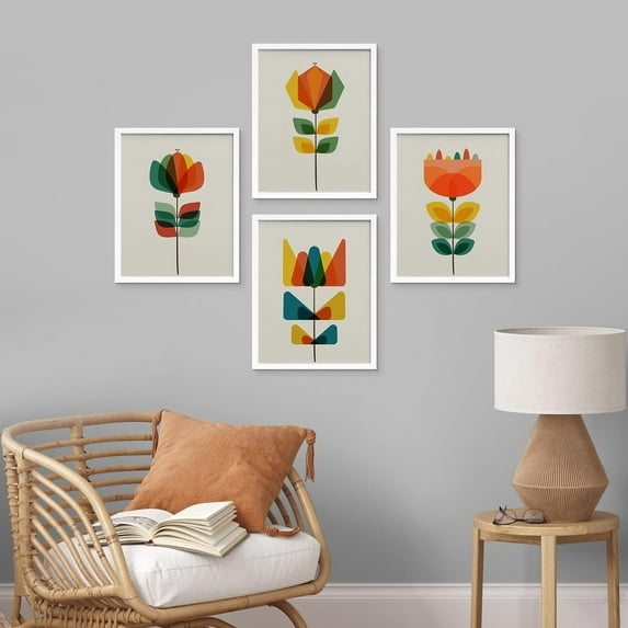 PixonSign Framed Wall Art Mid-Century Modern Botanical Flower Garden Prints, Set of 4 Abstract Geometric Floral Wall Decor, Multicolor Nature Botanical Wall Décor for Office, Bedroom - 8"x10" White