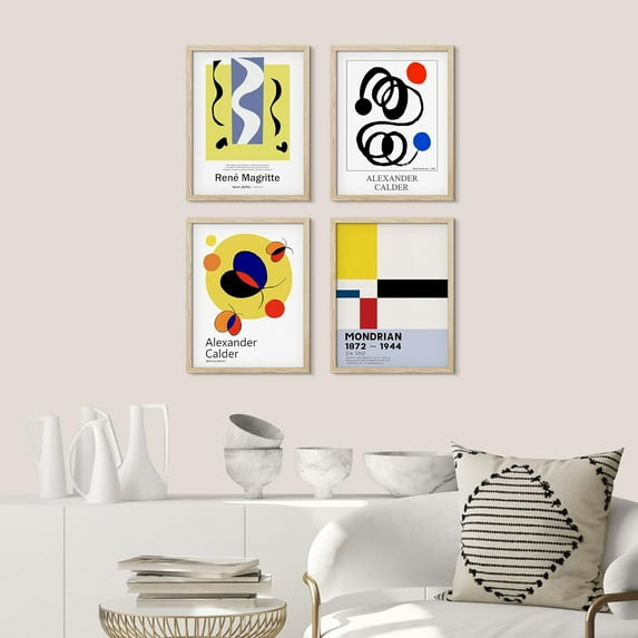 PixonSign Framed Wall Art Mid-Century Modern Exhibition Posters, Set of 4 Geometric Colorful Abstract Shapes Illustrations Wall Decor, Adhesive Canvas Prints for Home Decor - 12"x16" Natural