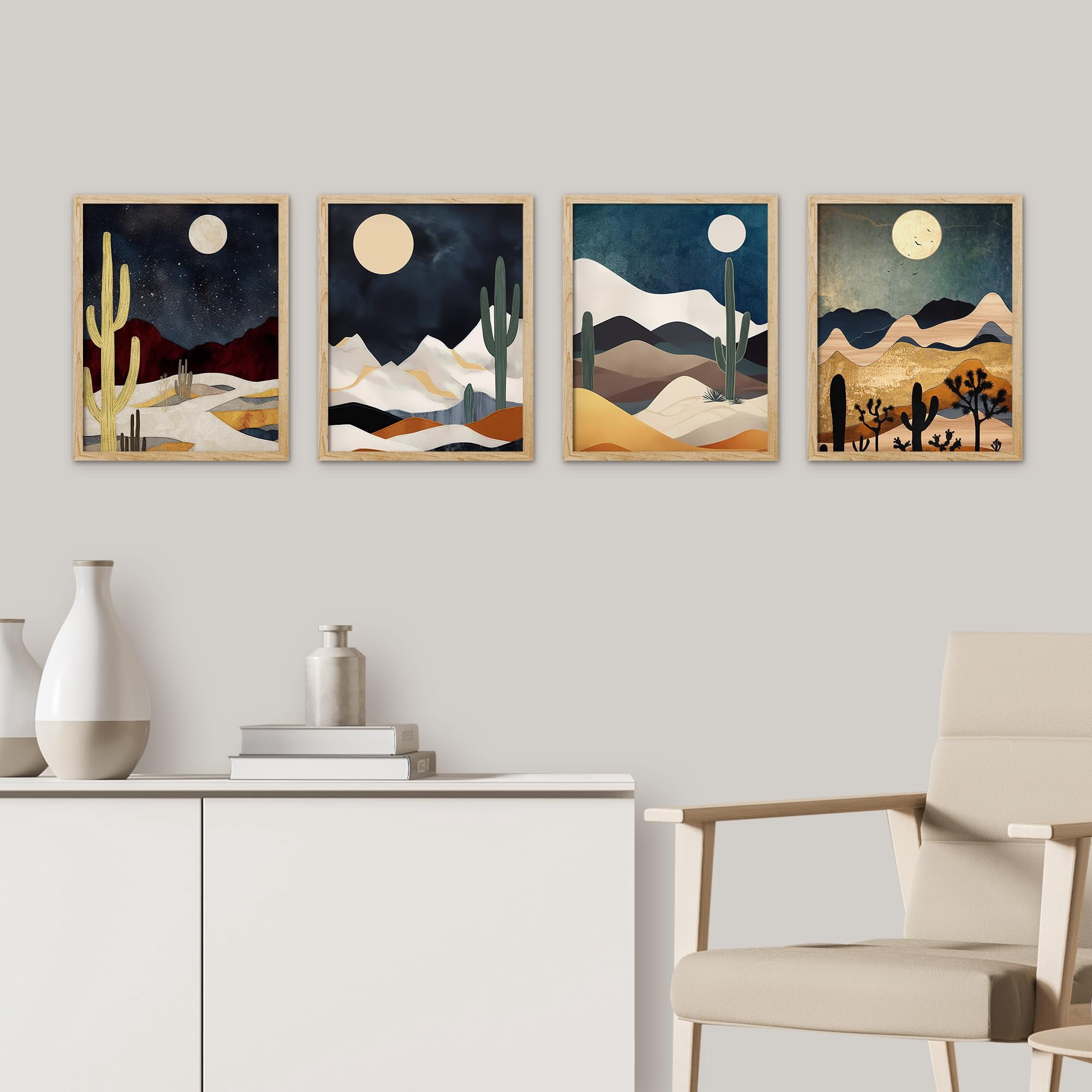 PixonSign Framed Wall Art Midnight Moon Cactus Desert Dune Prints, Set ...