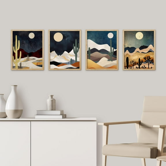 PixonSign Framed Wall Art Midnight Moon Cactus Desert Dune Prints, Set of 4 Minimalism Digital Art Paintings, Colorful Modern Wall Décor, Adhesive Canvas Posters for Home Decor - 11"x14" Natural