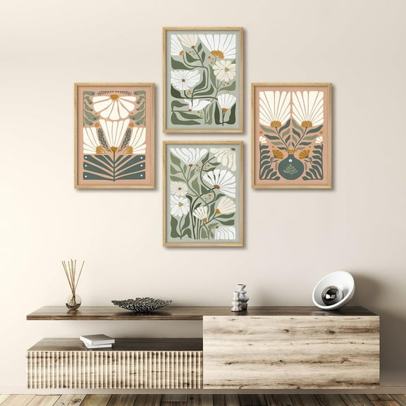 PixonSign Framed Wall Art Minimalist Floral Design Scandinavian Flower Posters, Set of 4 Daisy Flowers Botanical Illustrations Wall Decor, Adhesive Canvas Prints for Home Decor - 8"x10" Natural