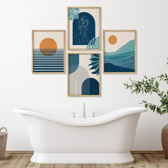 PixonSign Framed Wall Art Minimalist Geometric and Line Posters, Set of 4 Abstract Blue and Orange Landscape Illustrations Wall Decor, Adhesive Canvas Prints for Home Decor - 11"x14" Natural