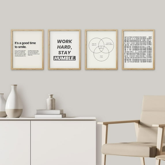 PixonSign Framed Wall Art Minimalist Saying Inspirational Prints, Set of 4 Posters, Boy's Bedroom Illustration Wall Decor, Multicolor Contemporary Wall Décor for Bedroom, Office - 12"x16" Natural
