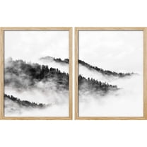 PixonSign Framed Wall Art Misty Cloudy Foggy Scenery Posters, Set of 2 Pine Trees & Mountain Valley Landscape Illustrations Wall Decor, Adhesive Canvas Prints for Home Decor - 11"x14" Natural