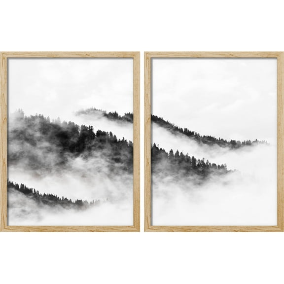 PixonSign Framed Wall Art Misty Cloudy Foggy Scenery Posters, Set of 2 Pine Trees & Mountain Valley Landscape Illustrations Wall Decor, Adhesive Canvas Prints for Home Decor - 11"x14" Natural