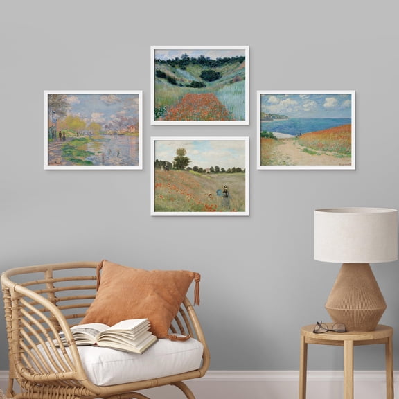 PixonSign Framed Wall Art Monet Pastel Botanical Floral Prints, Set of 4 Coastal Collage Wilderness Nature Fine Arts, Country/Farmhouse Colorful Posters for Home Decor -