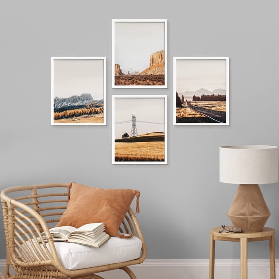 PixonSign Framed Wall Art Mountain Countryside Roads Prints, Set of 4 Grey Volcano Photography Wall Decor Arts, Nature Wall Décor, Adhesive Canvas Poster, Modern Home Artwork - 11"x14" White