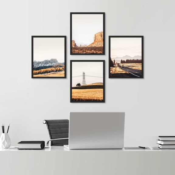 PixonSign Framed Wall Art Mountain Countryside Roads Prints, Set of 4 Grey Volcano Photography Wall Decor Arts, Nature Wall Décor, Adhesive Canvas Poster, Modern Home Artwork - 8"x10" Black