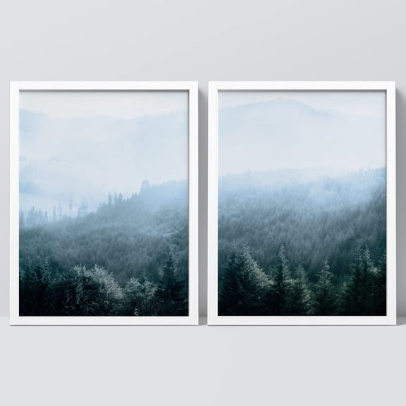 PixonSign Framed Wall Art Mountain Forest Trees Posters, Set of 2 Aerial View Misty Nature Wilderness Scenery Illustrations Wall Decor, Adhesive Canvas Prints for Home Decor - 8"x10" White