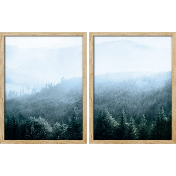 PixonSign Framed Wall Art Mountain Forest Trees Posters, Set of 2 Aerial View Misty Nature Wilderness Scenery Illustrations Wall Decor, Adhesive Canvas Prints for Home Decor - 11"x14" Natural