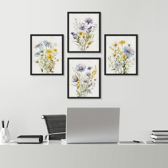PixonSign Framed Wall Art Multcolor Wildflowers Collage Posters, Set of 4 Classic Vintage Countryside Floral Canvas Prints, Retro Nature Botanical Prints Wall Décor for Home Decor - 11"x14" Black