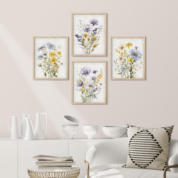PixonSign Framed Wall Art Multcolor Wildflowers Collage Posters, Set of 4 Classic Vintage Countryside Floral Canvas Prints, Retro Nature Botanical Prints Wall Décor for Home Decor - 11"x14" Natural