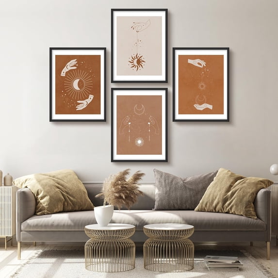 PixonSign Framed Wall Art Mystical Hand Drawn Celestial Hands and Symbols Posters, Set of 4 Minimalist Modern Illustrations Wall Decor, Adhesive Canvas Prints for Home Decor - 11"x14" Black