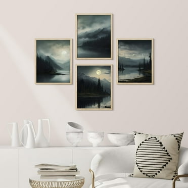 PixonSign Framed Wall Art Mystical Moonlit Mountain Tranquil Night Landscapes Posters, Set of 4 Abstract Dark Scenery Canvas Prints, Nature Wilderness Wall Décor for Rooms - 11"x14" Natural