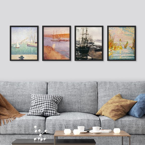 PixonSign Framed Wall Art Nautical Sailboat Ship Ocean Seascapes Posters, Set of 4 Multicolor Sea Landscape Canvas Prints, Nature Wilderness Wall Décor for Home Decor - 8"x10" Black