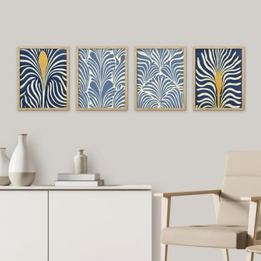 PixonSign Framed Wall Art Navy and Gold Leave Pattern Prints, Set of 4 Abstract Botanical Paintings, Nature Wilderness Wall Décor, Vintage Retro Adhesive Canvas Posters - 11"x14" Natural